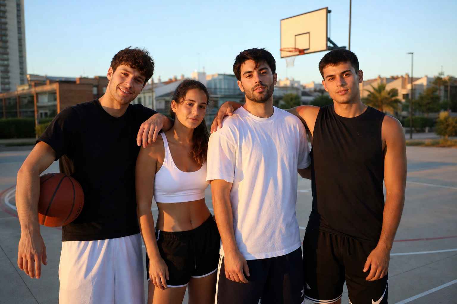 Grupo en cancha de baloncesto al atardecer